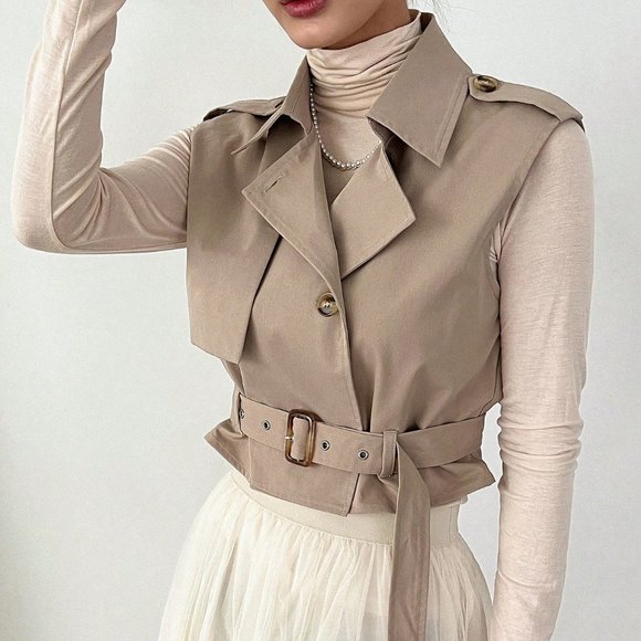 Khaki Casual Womens Lapel Neck Belted Vest Jacket - Picture 3 of 6